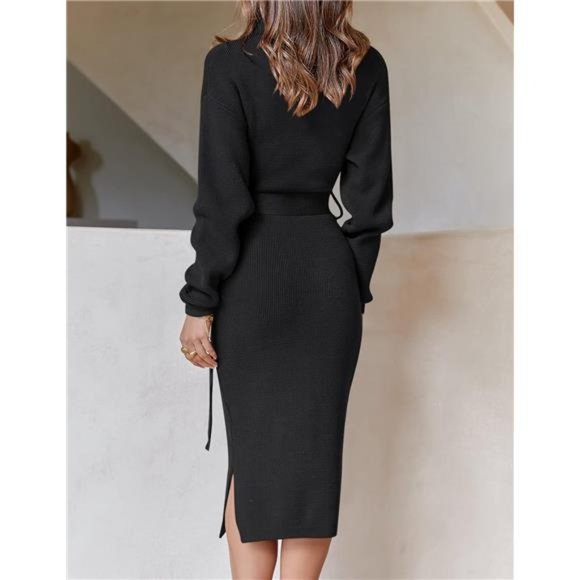 Women's Turtleneck Sweater Midi Dress Long Sleeve Ribbed Knit Bodycon Slit Dress - Picture 5 of 6